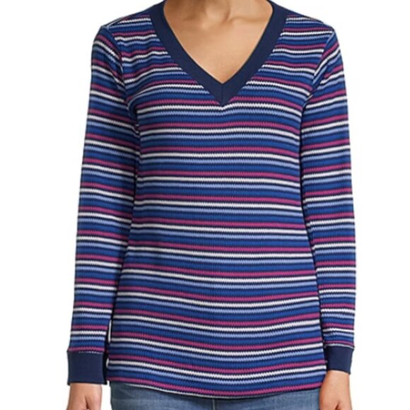 St. John's Bay Plus Womens V Neck Long Sleeve Thermal Top Size XL Blue Stripe - Picture 1 of 3